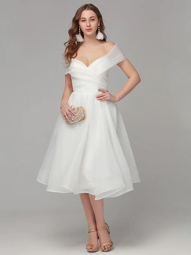 Luolandi A-Line Elegant Engagement Cocktail Party Dress Off Shoulder Sleeveless Tea Length Organza with Criss Cross